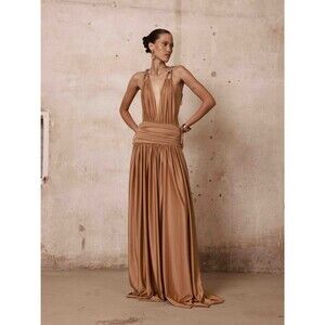 NWOT BRONX BANCO Tula Embellished Gown, Bronze Camel Deep V Plunge Maxi Dress, S